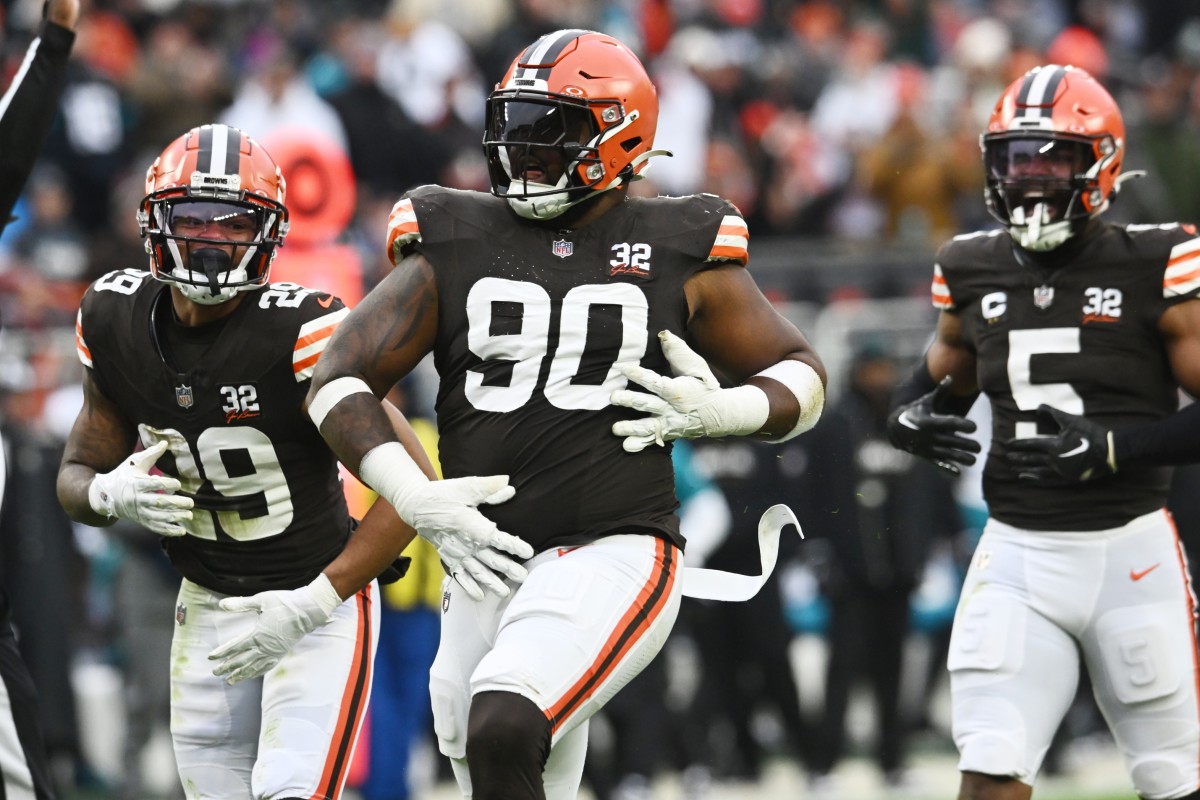 Dec 10, 2023; Cleveland, Ohio, USA; Cleveland Browns defensive tackle Maurice Hurst II (90) celebrates after sacking Jacksonville Jaguars quarterback Trevor Lawrence (not pictured) during the second half at Cleveland Browns Stadium. Mandatory Credit: Ken Blaze-USA TODAY Sports
